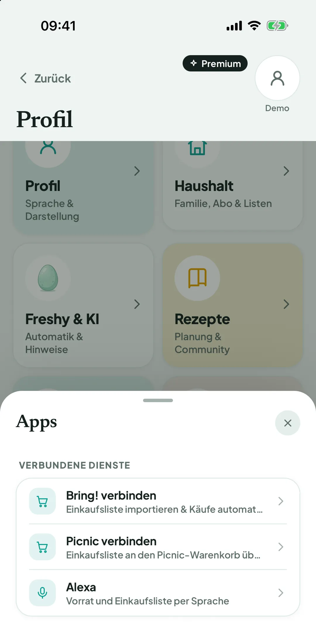 Bereich Apps mit Bring! verbinden, Picnic verbinden und Alexa