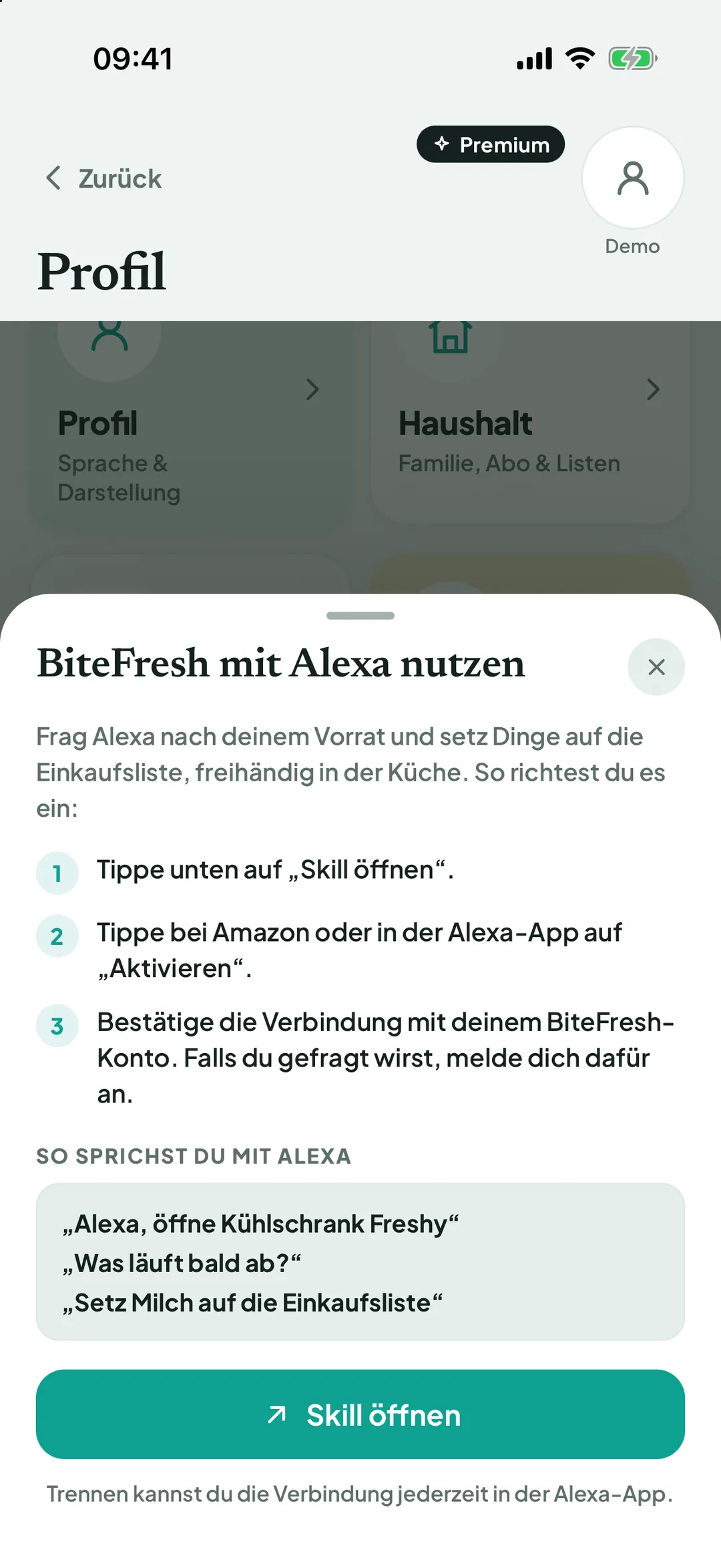 Fenster „BiteFresh mit Alexa nutzen“ mit drei Schritten, Beispielsätzen und dem Knopf „Skill öffnen“
