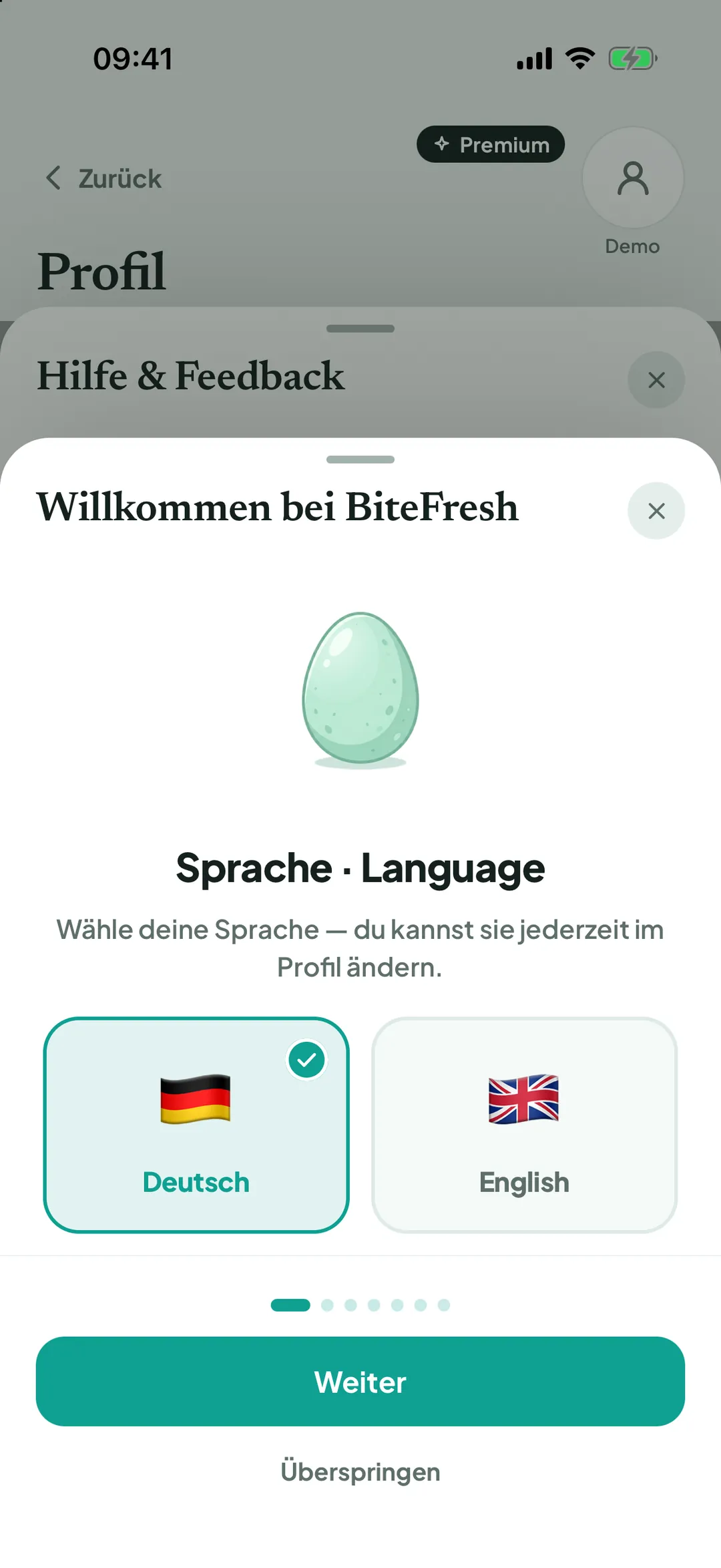 Erster Schritt der Einführung mit Auswahl der fünf App-Sprachen
