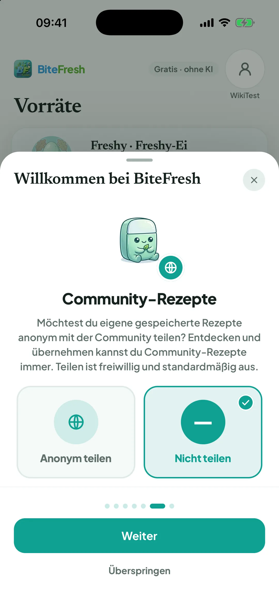 Schritt Community-Rezepte mit Anonym teilen und Nicht teilen