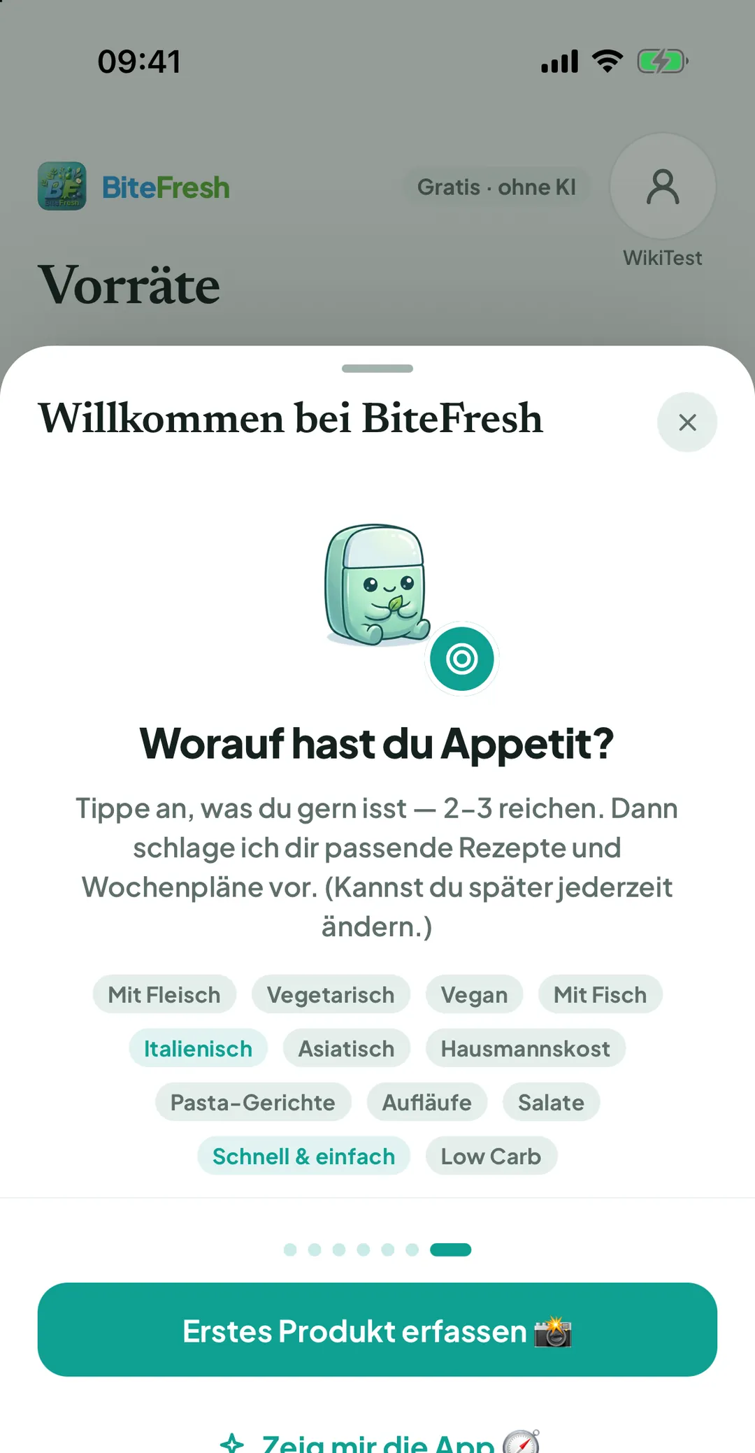 Letzter Schritt mit den Knöpfen Erstes Produkt erfassen und Zeig mir die App