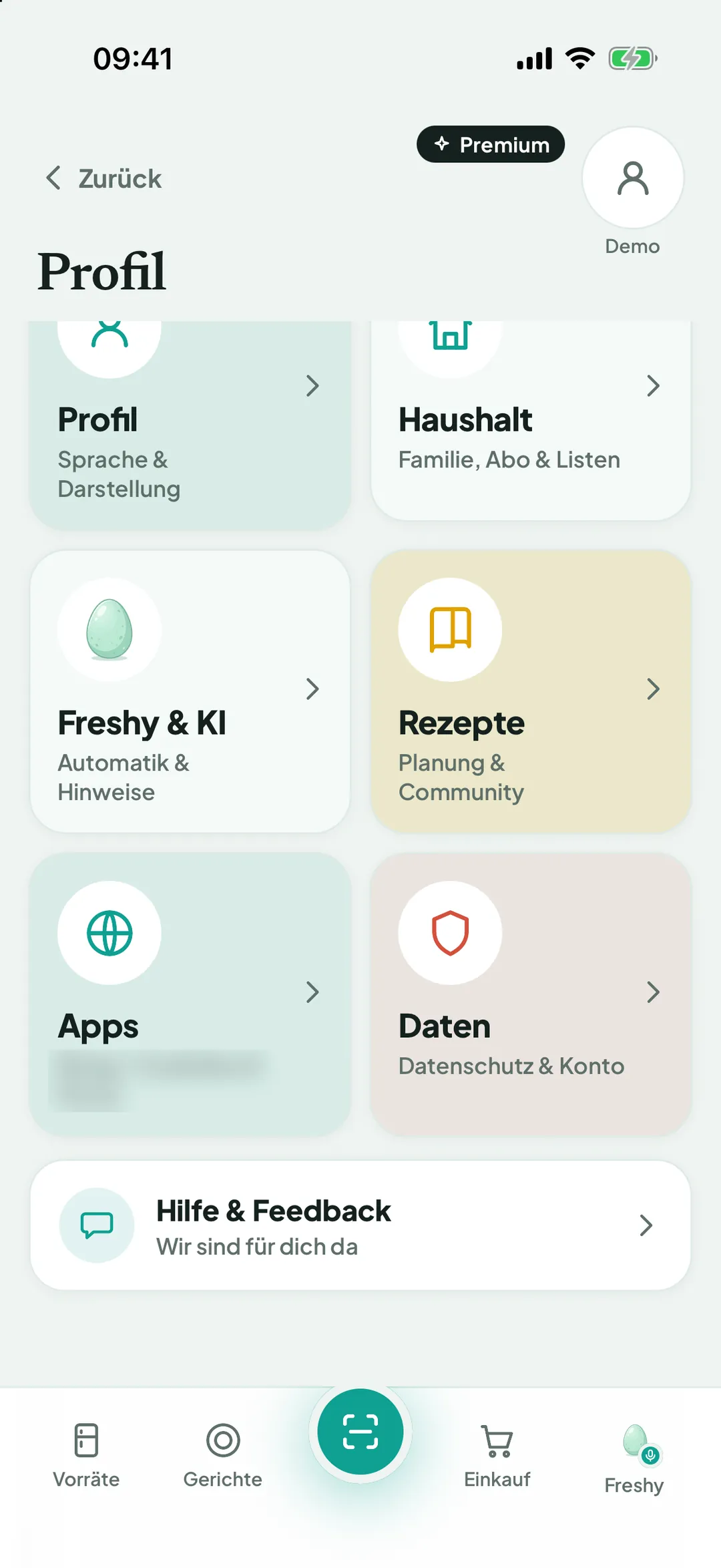 Profil-Übersicht mit den Kacheln Profil, Haushalt, Freshy & KI, Rezepte, Apps und Daten