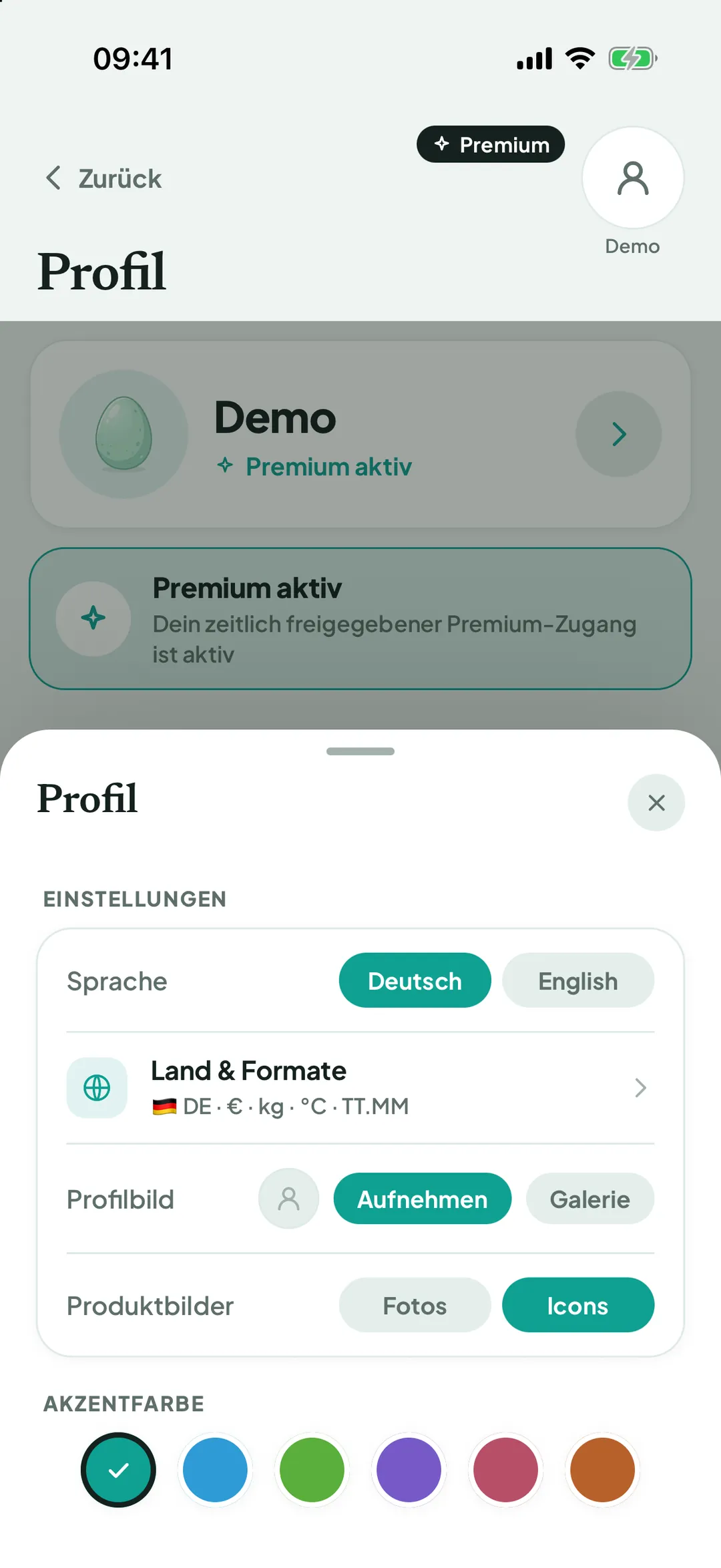 Bereich Profil mit Sprache, Land & Formate, Profilbild, Produktbilder und Akzentfarbe