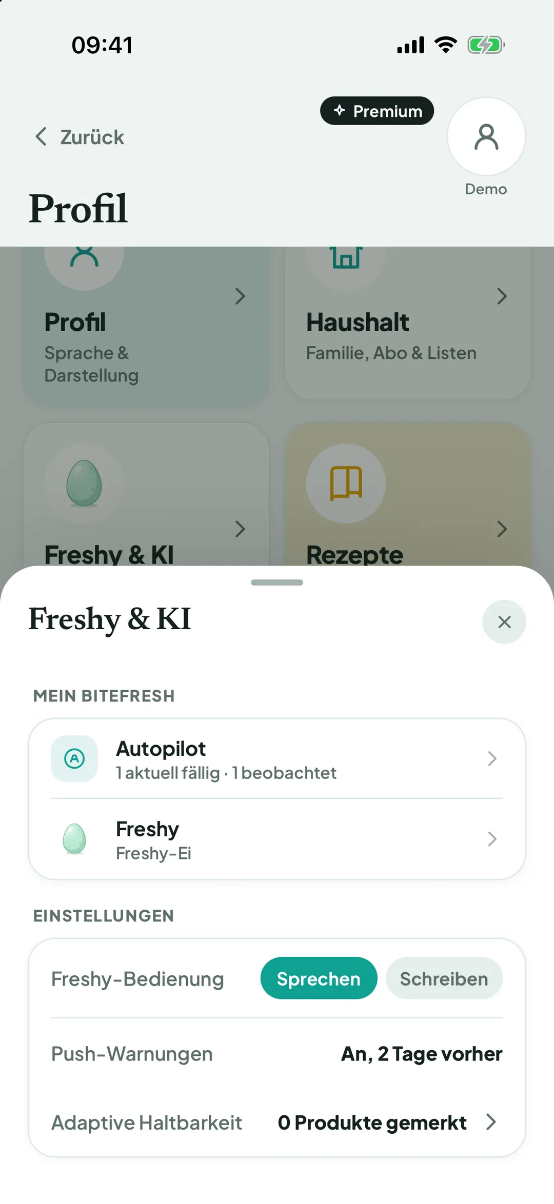 Bereich Freshy & KI mit Autopilot, Freshy-Bedienung und Push-Warnungen