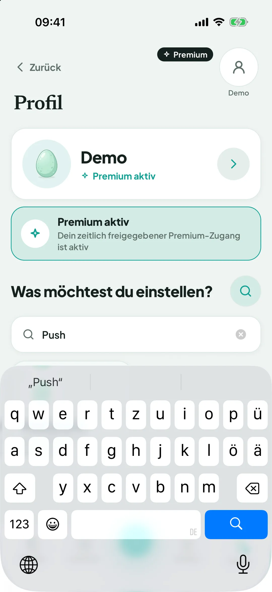 Suchfeld in den Einstellungen mit dem Suchbegriff »Push«, darunter die Tastatur