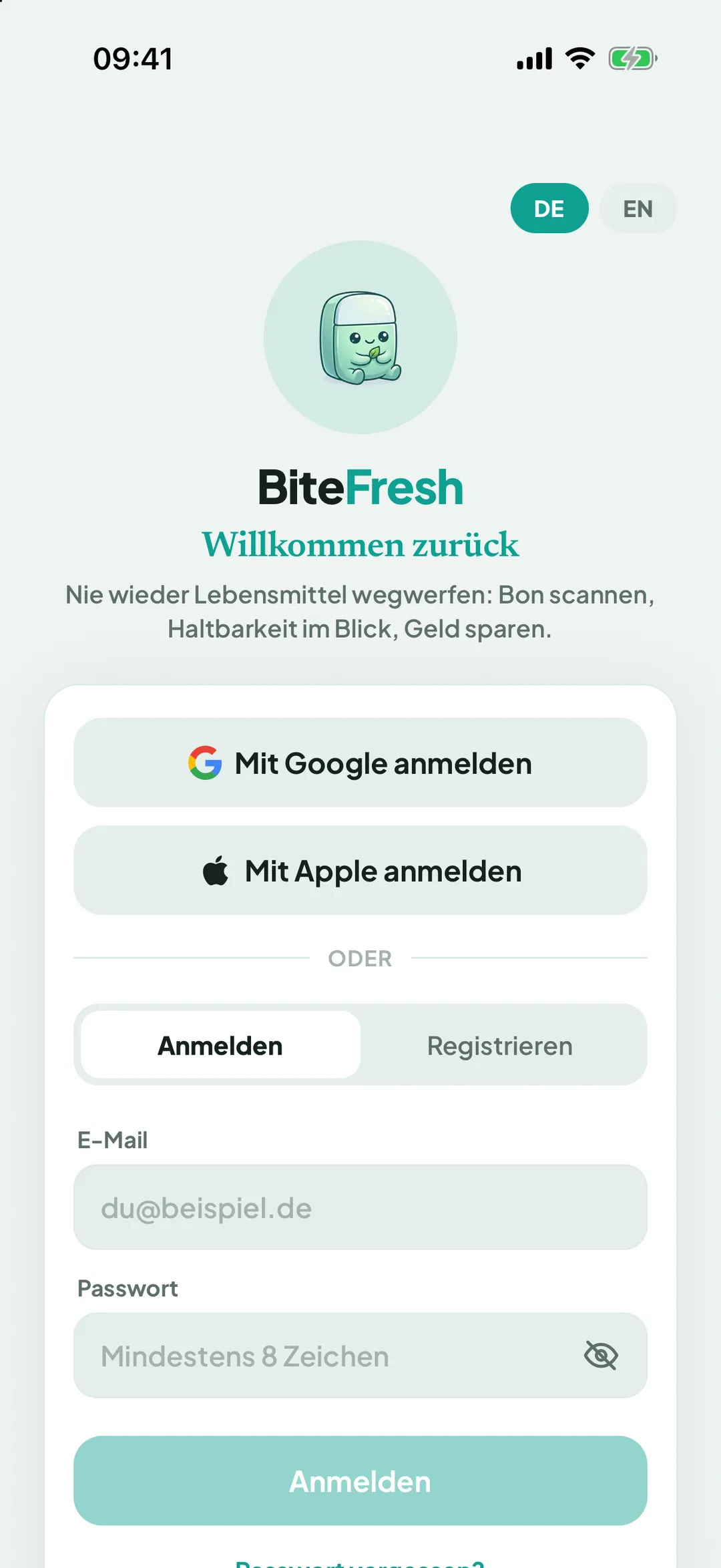 Anmeldebildschirm von BiteFresh mit „Mit Google anmelden“ und „Mit Apple anmelden“