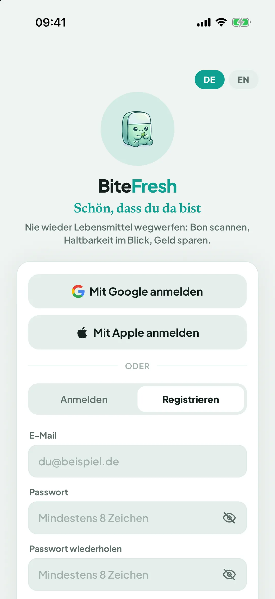 Reiter „Registrieren“ mit den Feldern E-Mail, Passwort und Passwort wiederholen