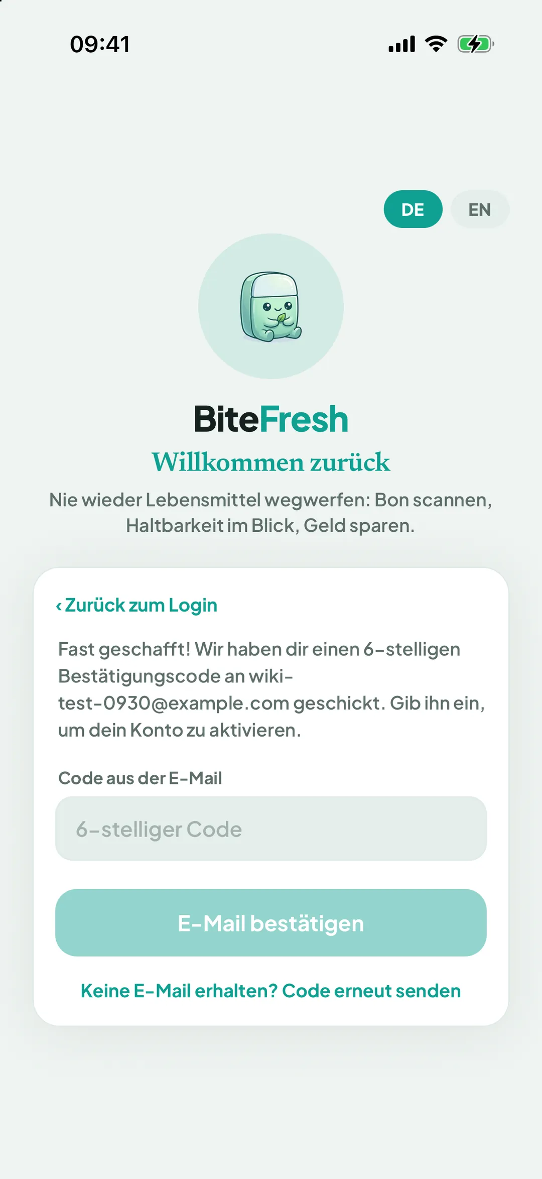 Eingabe des Bestätigungscodes mit dem Knopf „E-Mail bestätigen“