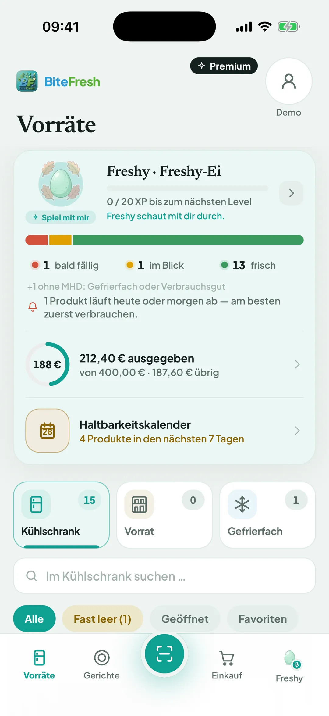 Freshy-Karte auf der Vorräte-Seite mit Spiel mit mir