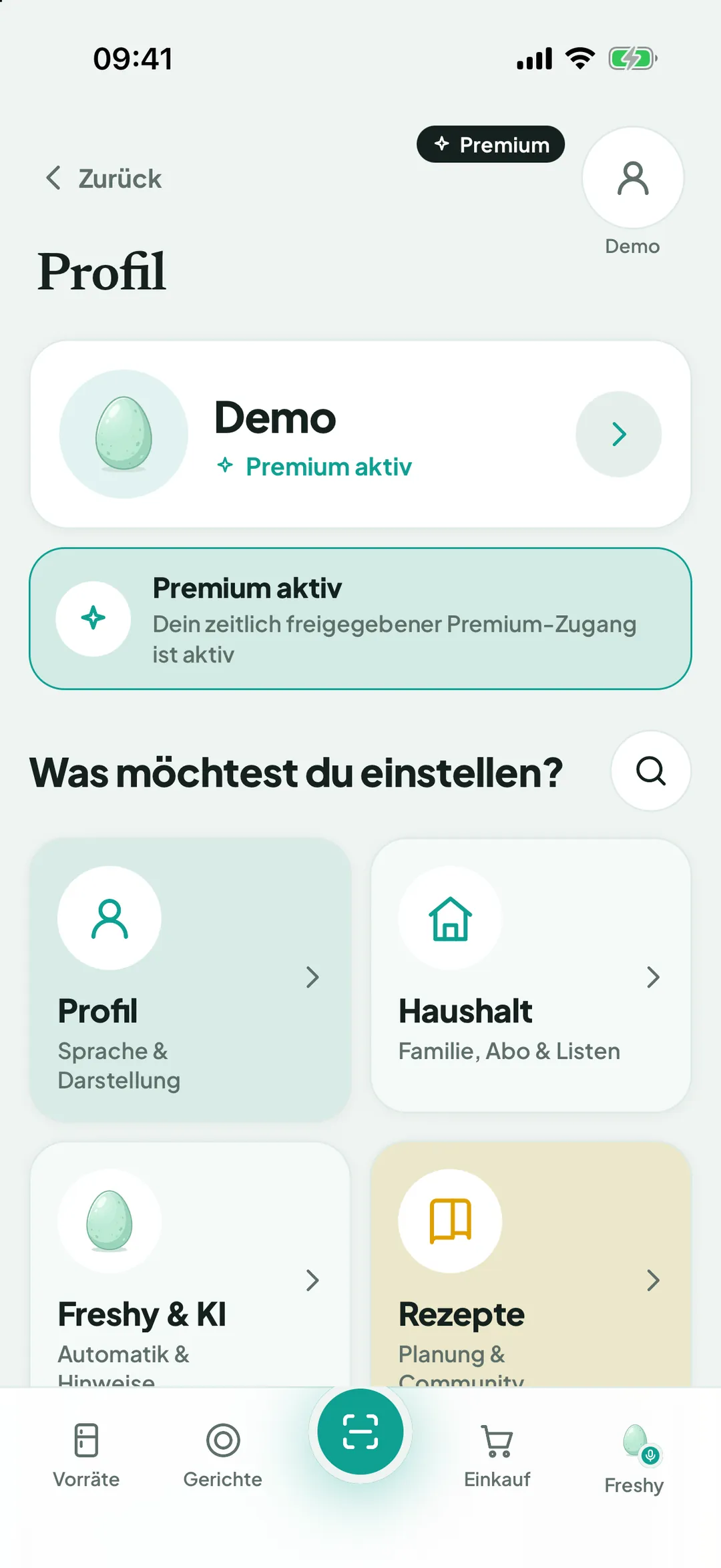 Profil mit der Übersicht „Was möchtest du einstellen?“