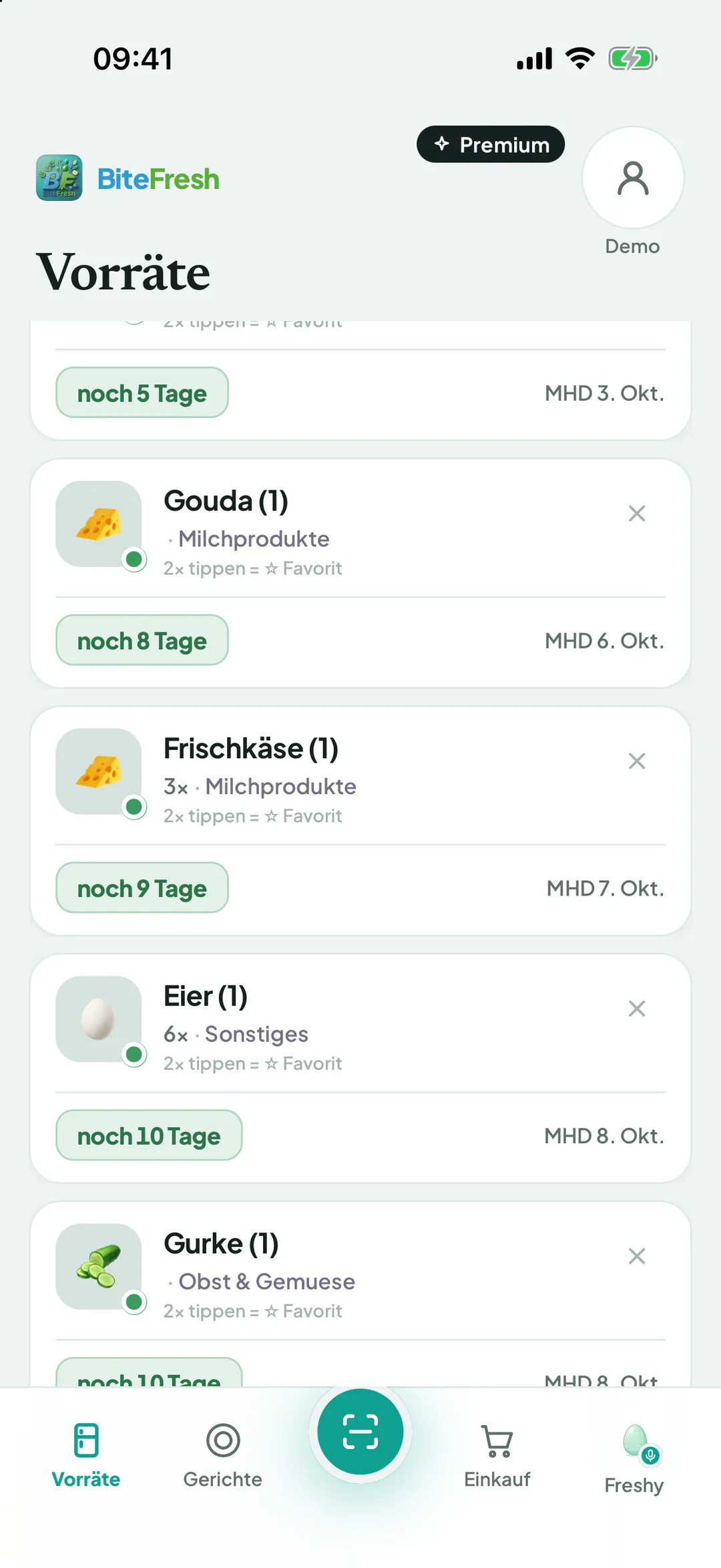 Vorräte-Liste mit Resttagen und MHD je Produkt