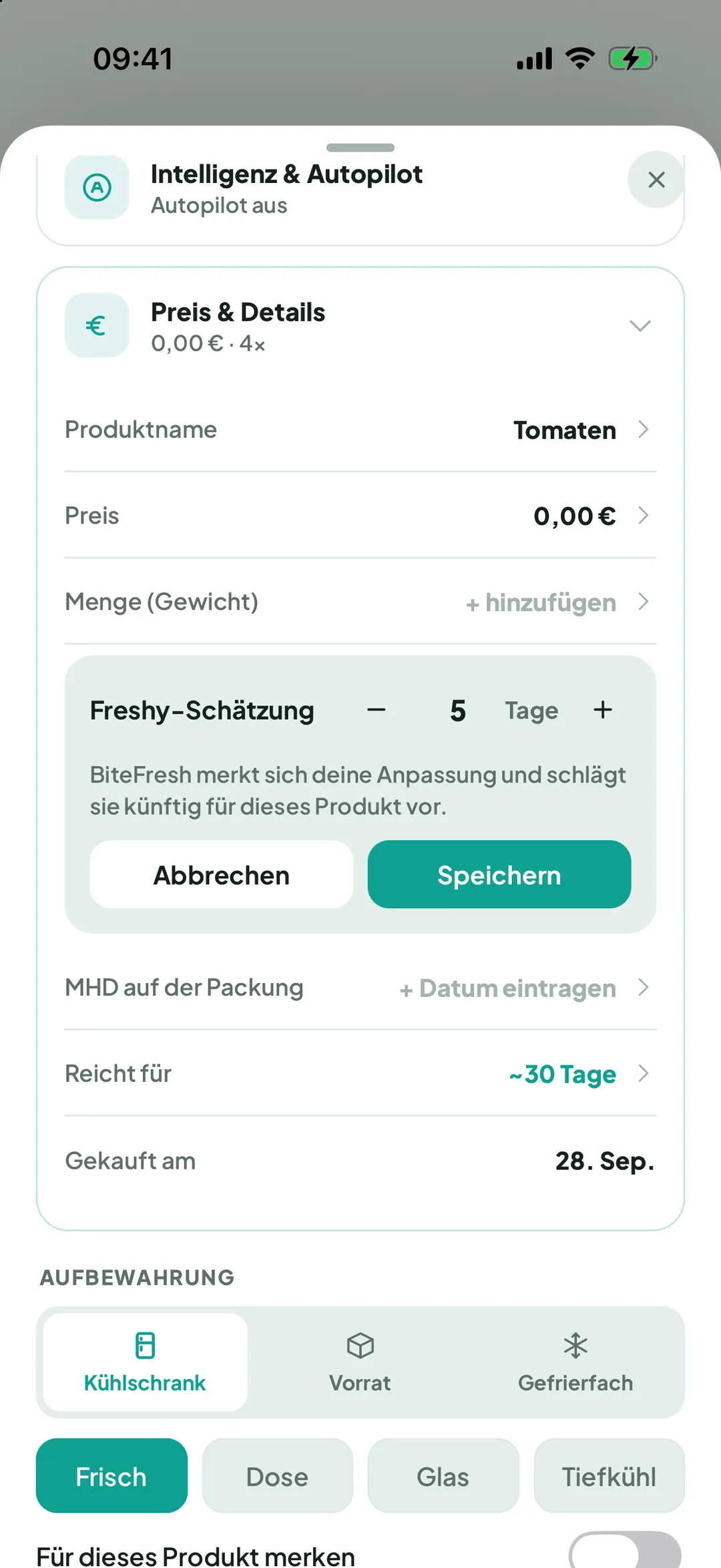 Freshy-Schätzung anpassen
