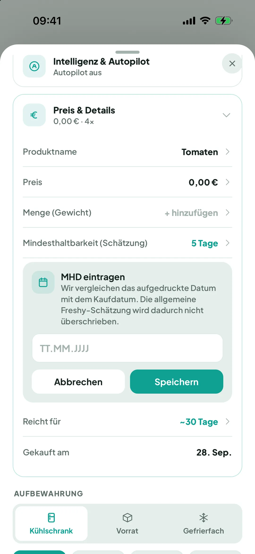 Eingabe „MHD eintragen“
