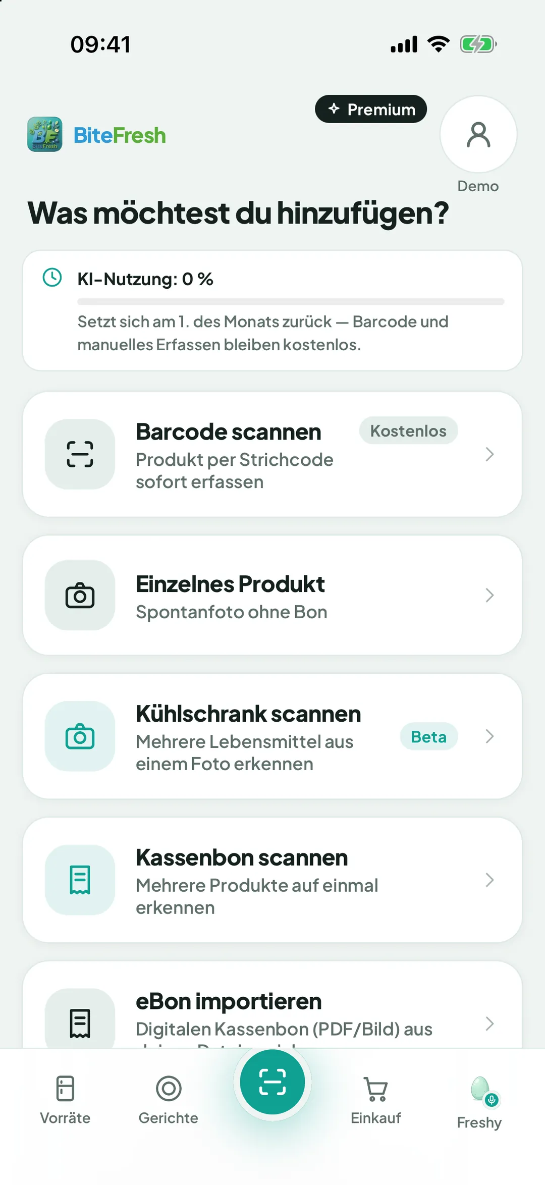 Auswahl zum Scannen eines Kassenbons oder Importieren eines eBons
