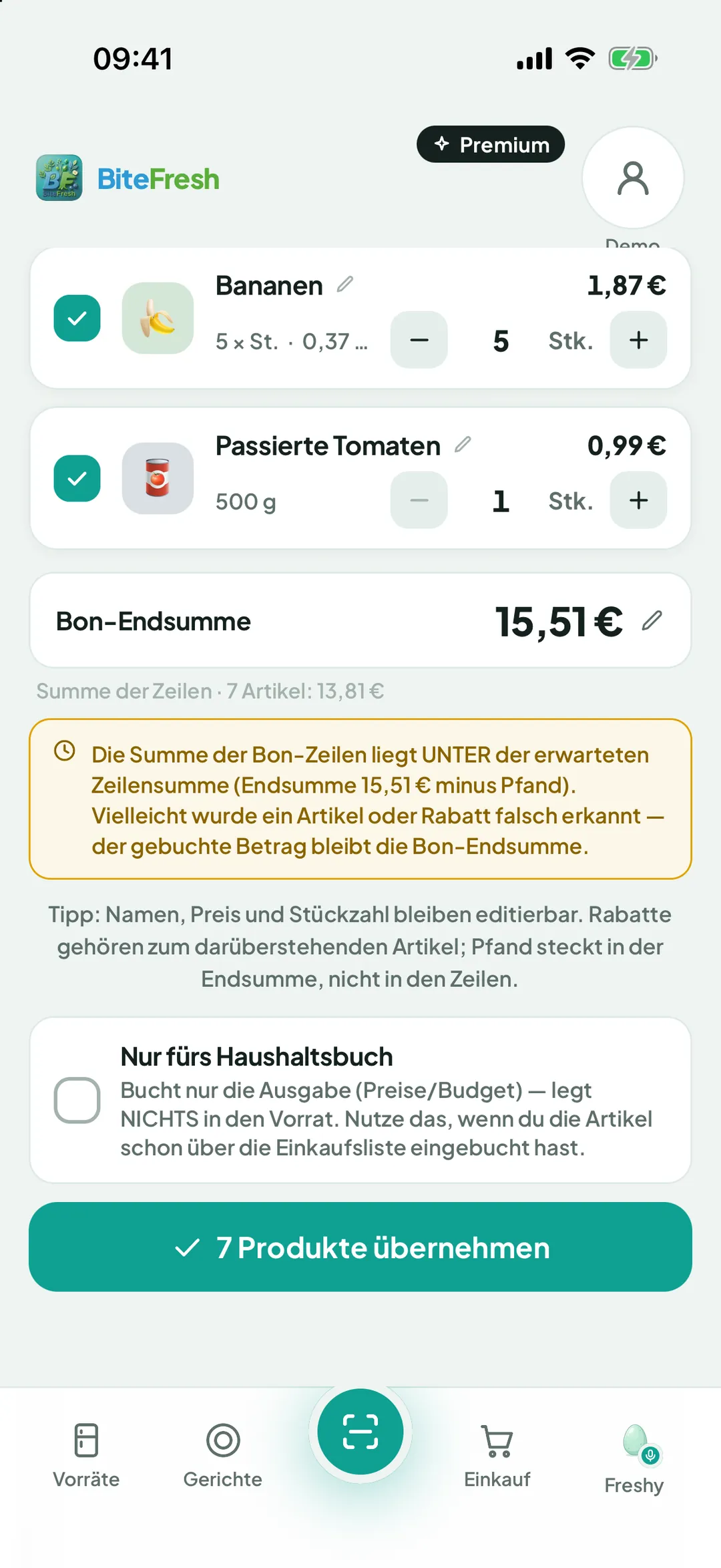 Schalter „Nur fürs Haushaltsbuch“ in der Bonprüfung
