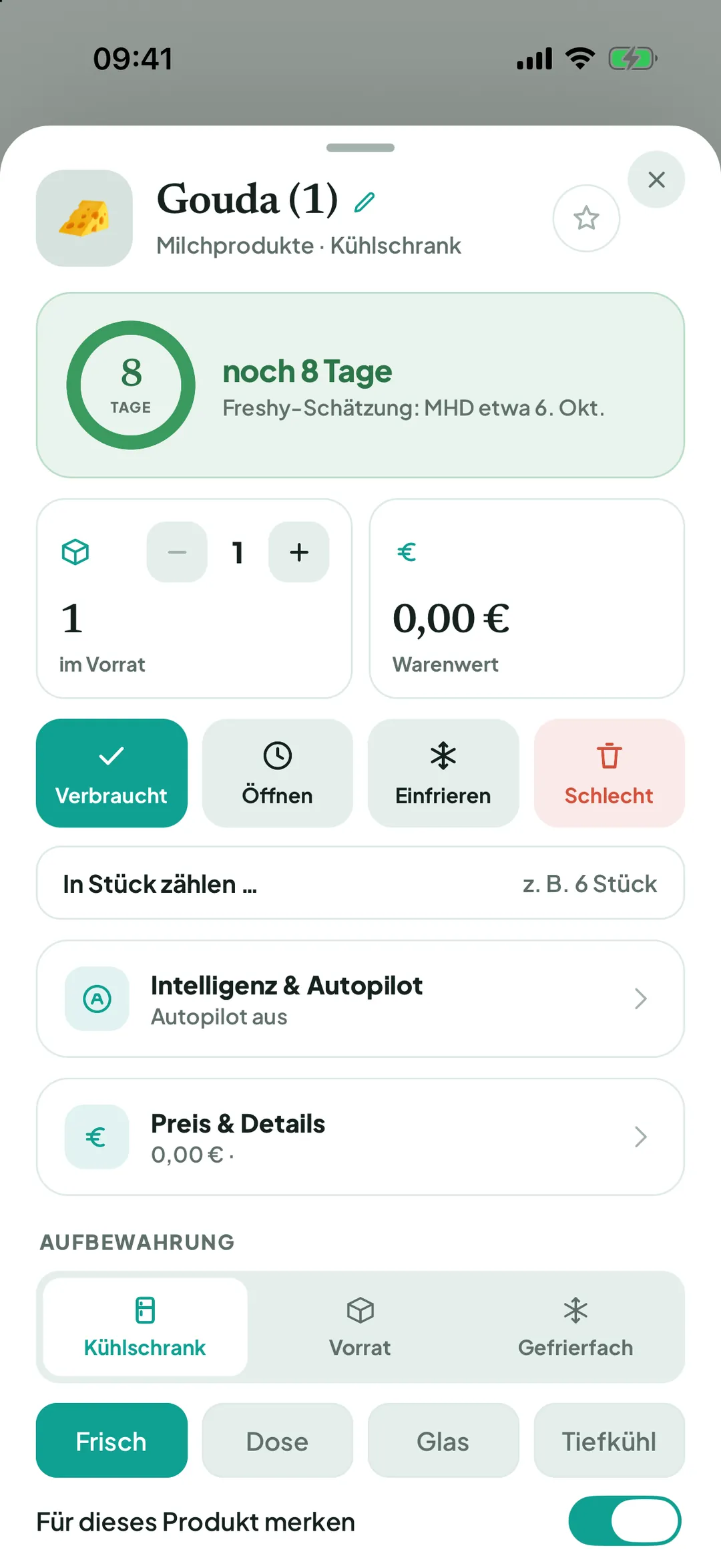 Produktdetail mit dem Knopf Einfrieren