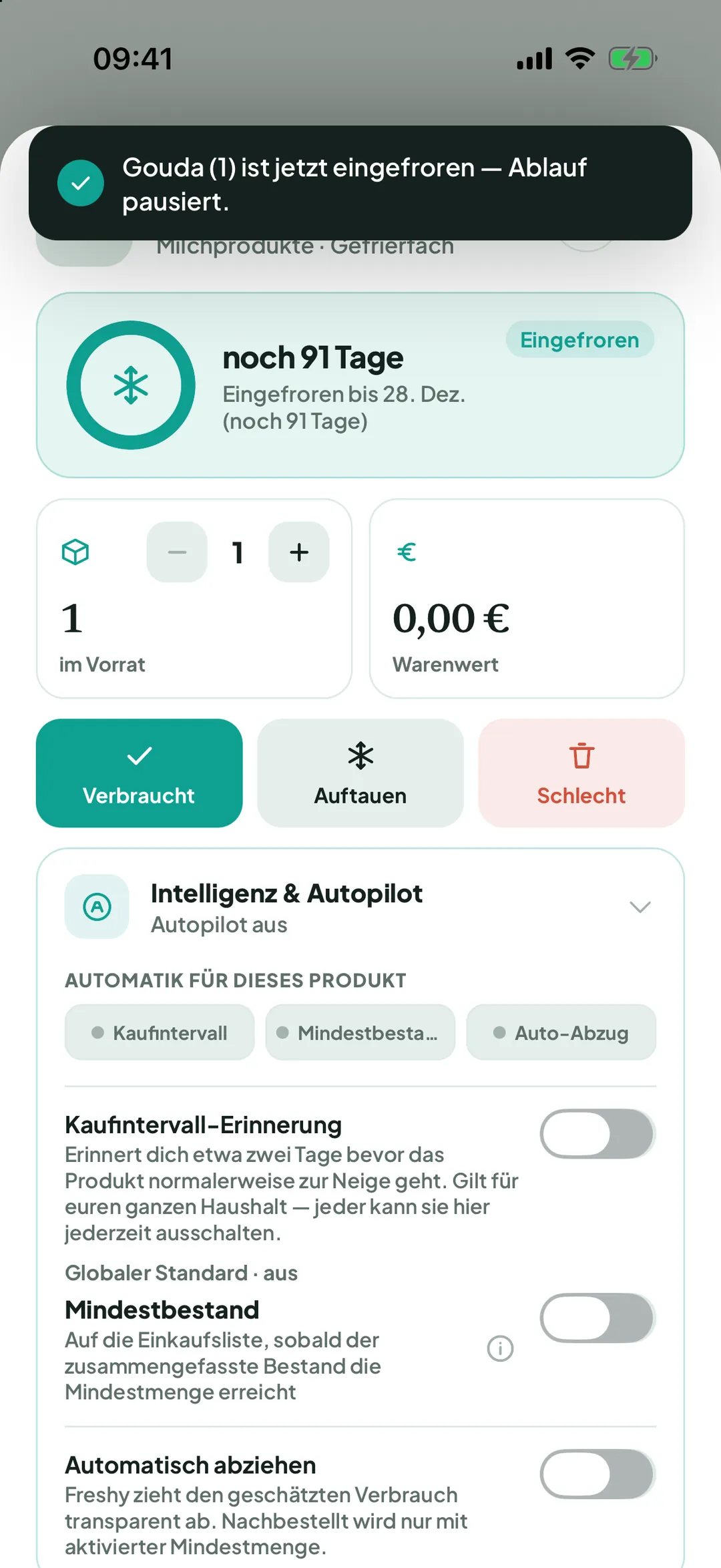 Produktdetail mit „Eingefroren bis“ und „Auftauen“