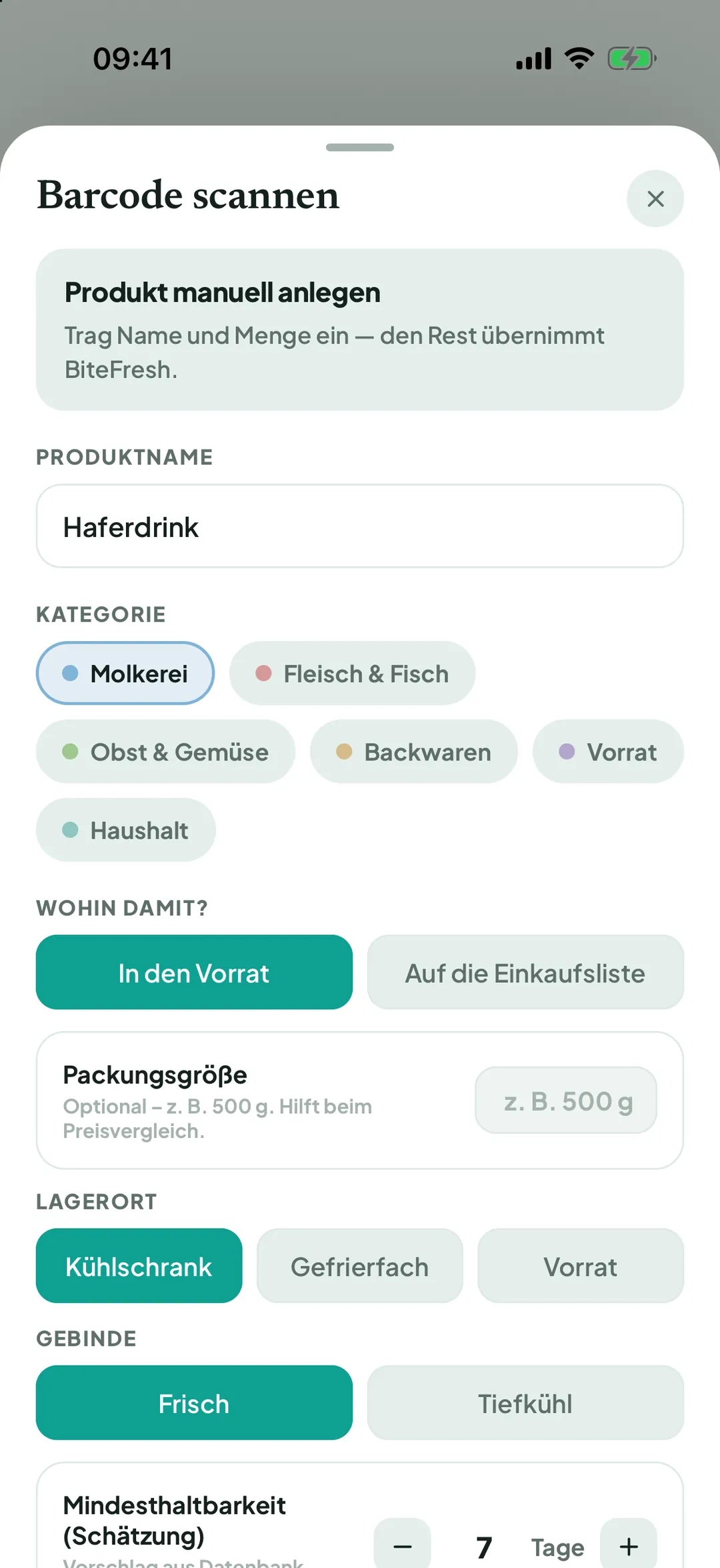 Ausgefülltes Formular „Produkt eintragen“