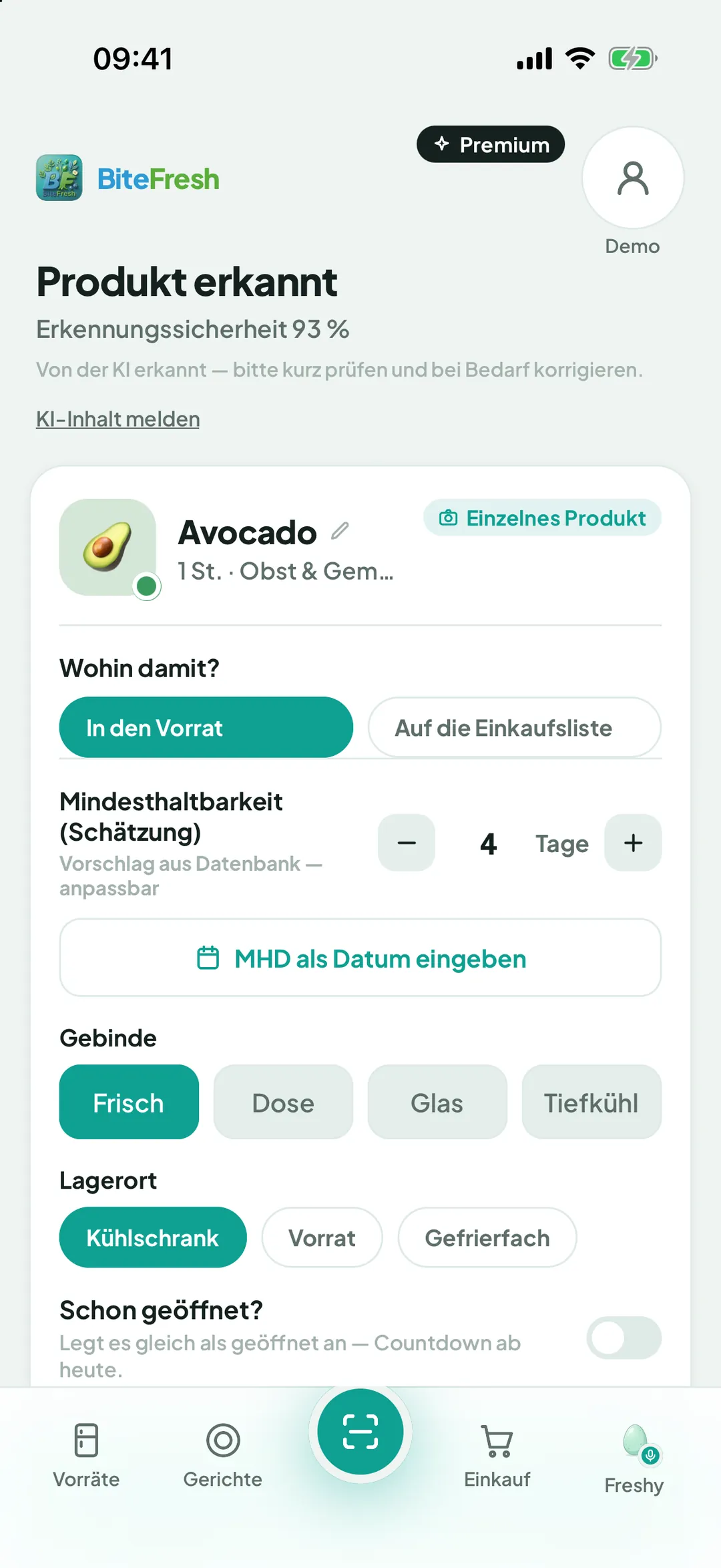 Foto-Ergebnis „Produkt erkannt“ mit Erkennungssicherheit