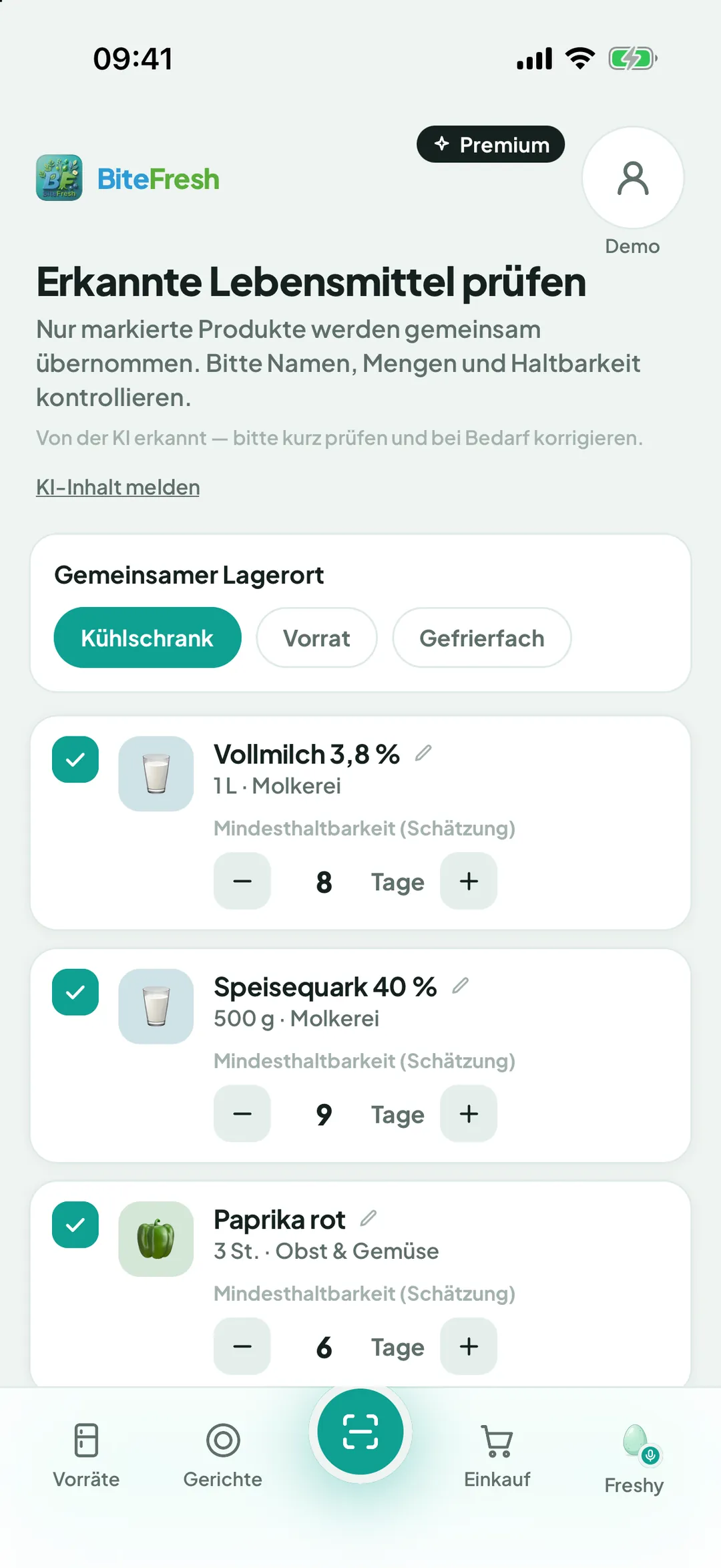 Erkannte Lebensmittel aus einem Kühlschrankfoto