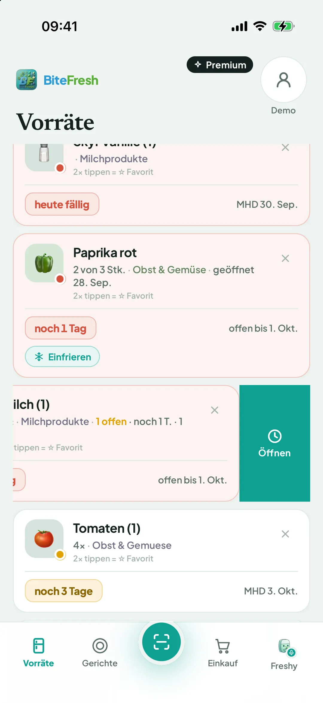 Wisch-Aktion an einer Vorratszeile