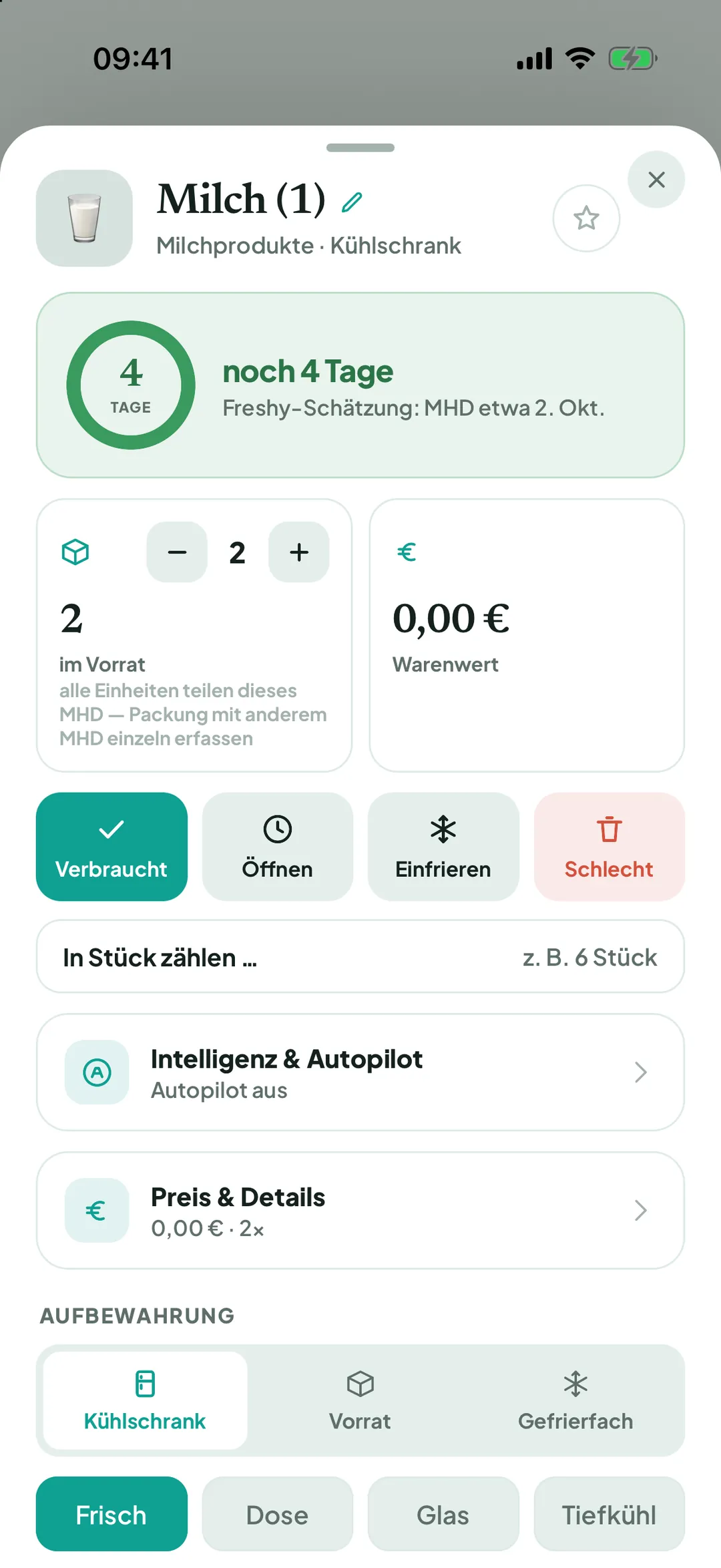 Produktdetail Milch mit Freshy-Schätzung und Aktionsknöpfen