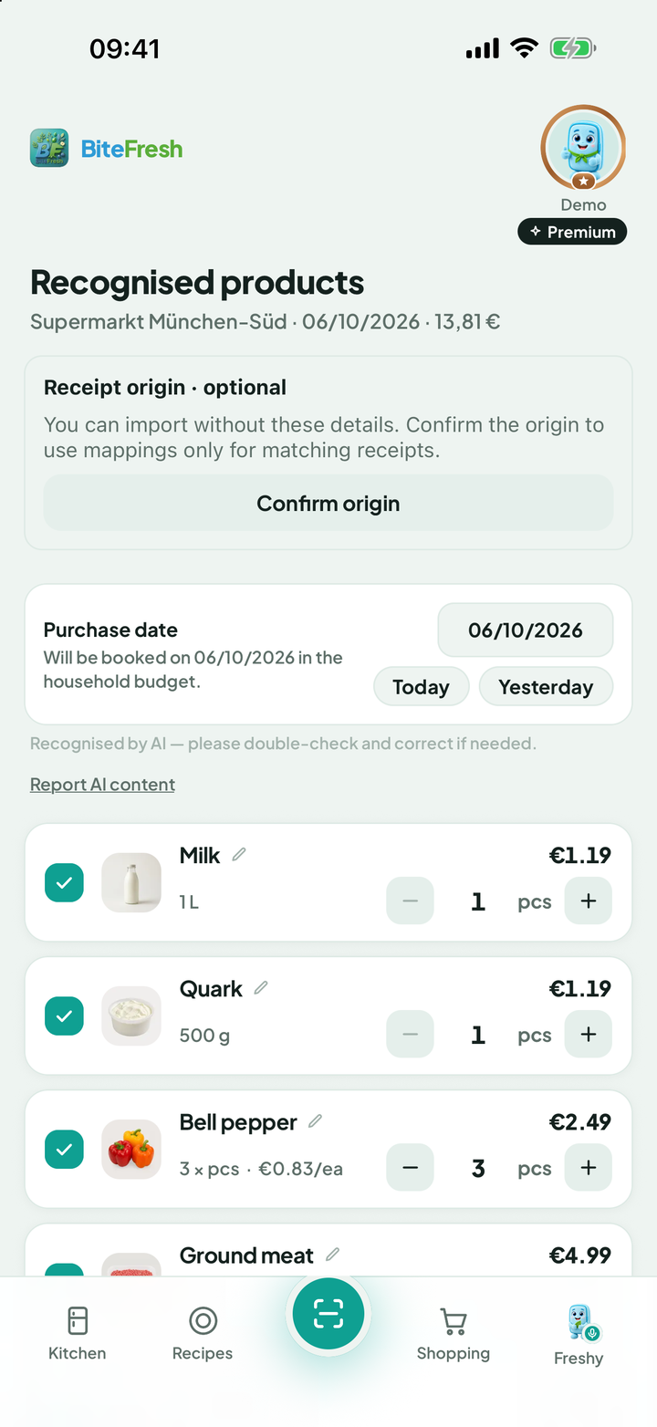 Recognised items from a demo receipt with purchase date and editable quantities