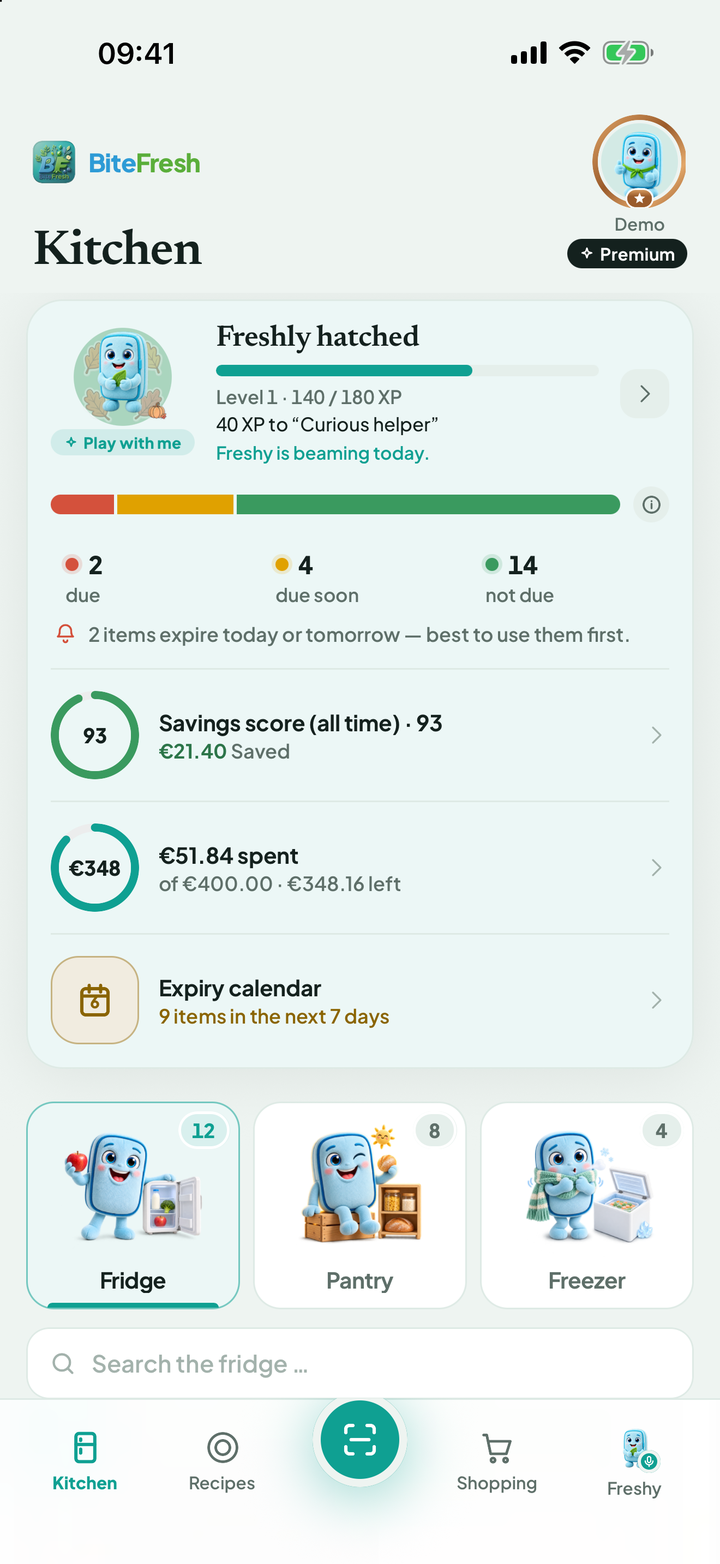 Kitchen with freshness summary, savings score, budget summary and storage locations