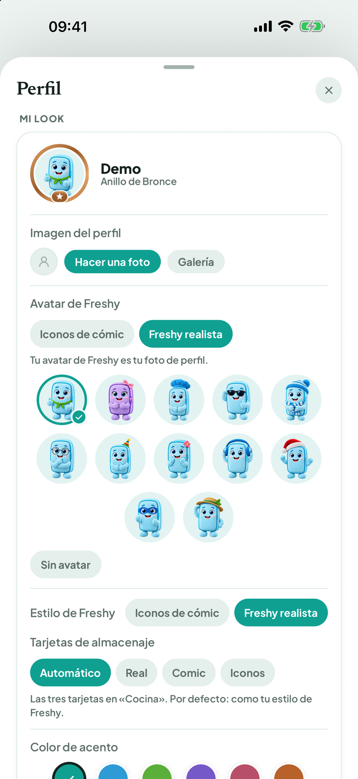 Mi aspecto con foto de perfil, avatares Freshy, estilo y colores de acento