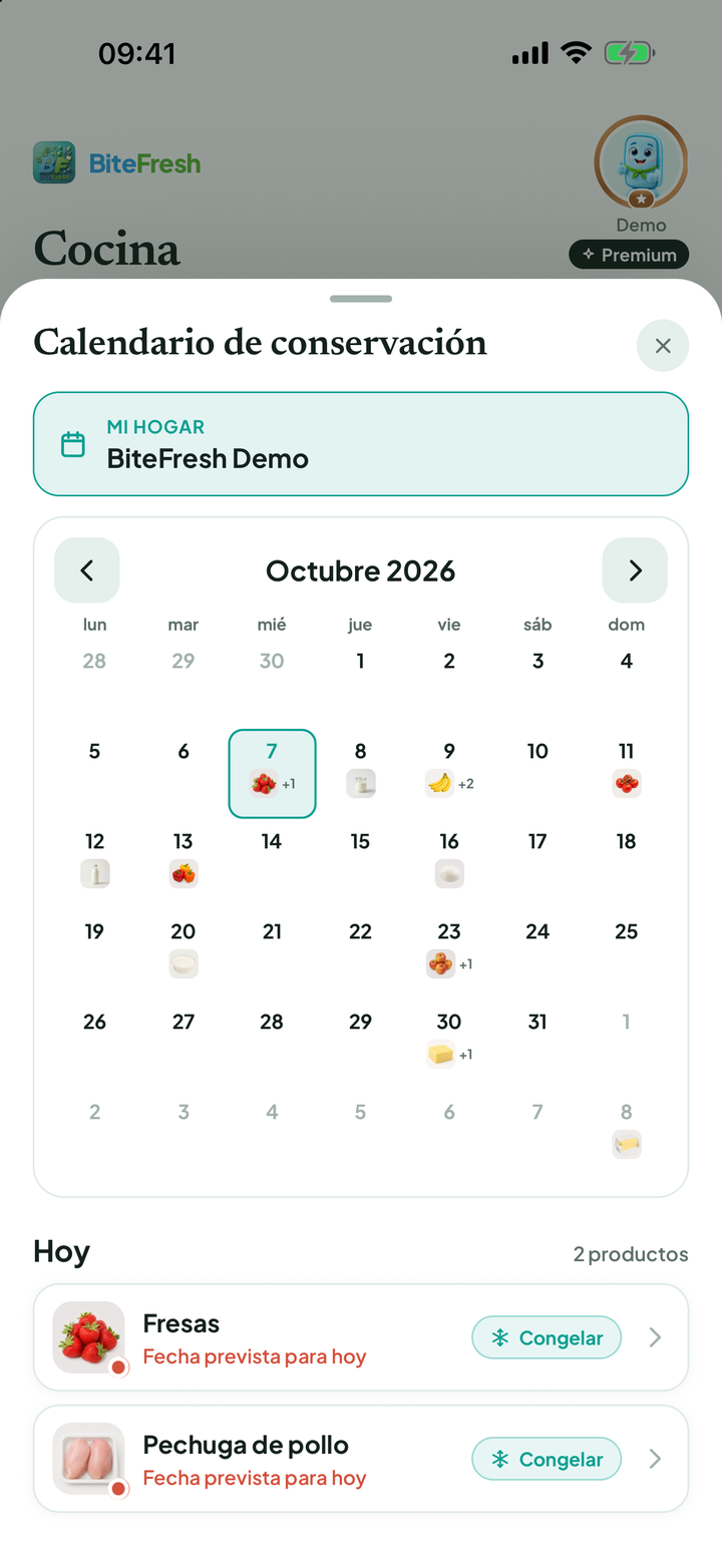 Calendario de caducidad con vista mensual y productos que caducan hoy