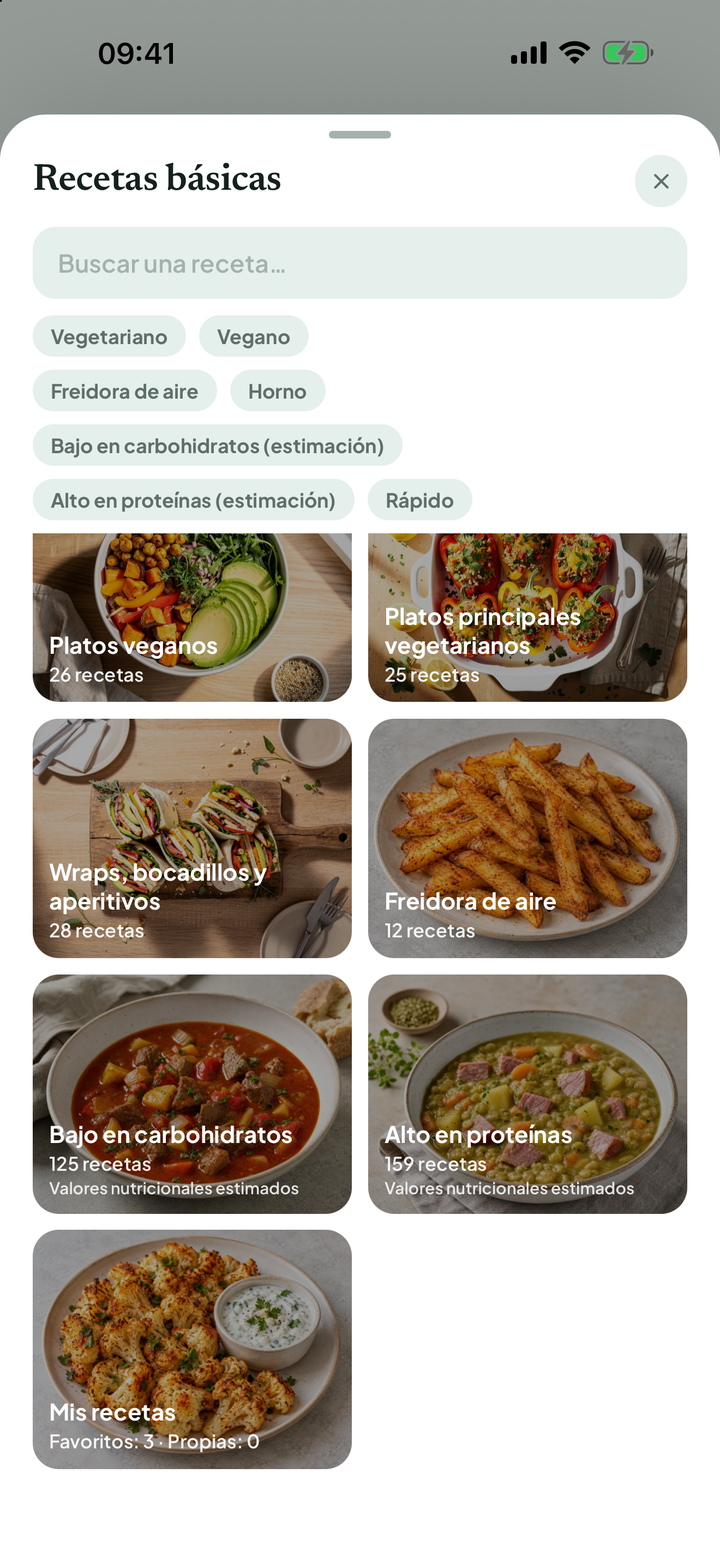Recetas básicas con fotos de categorías, filtros y tarjeta de recetas propias