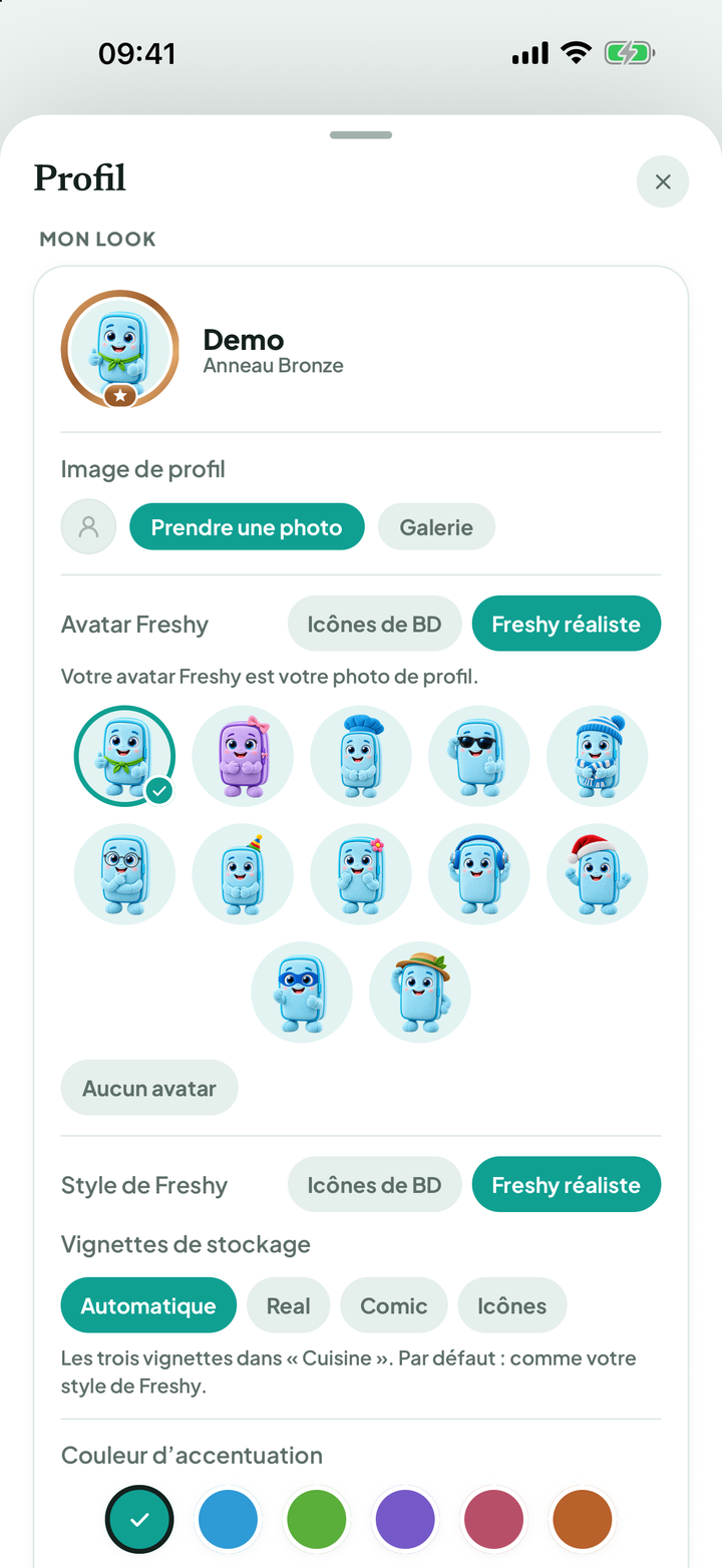 Mon apparence avec photo de profil, avatars Freshy, style et couleurs d’accent
