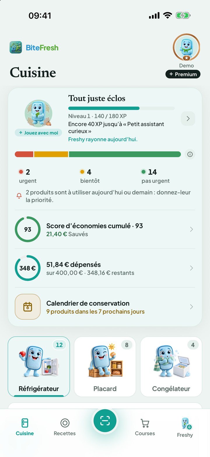 Cuisine avec aperçu de fraîcheur, score d’économies, budget et lieux de stockage
