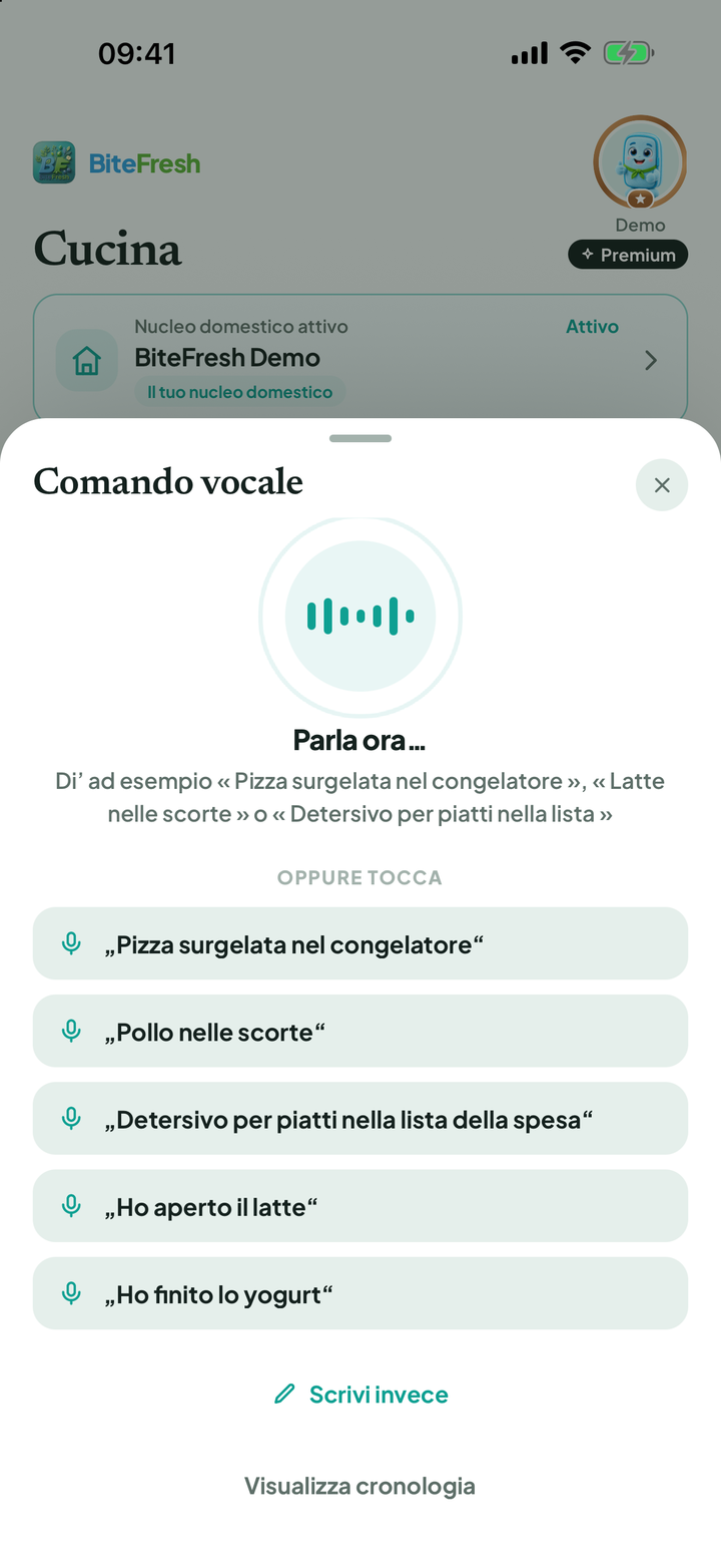 Comando vocale con frasi di esempio e alternativa per scrivere