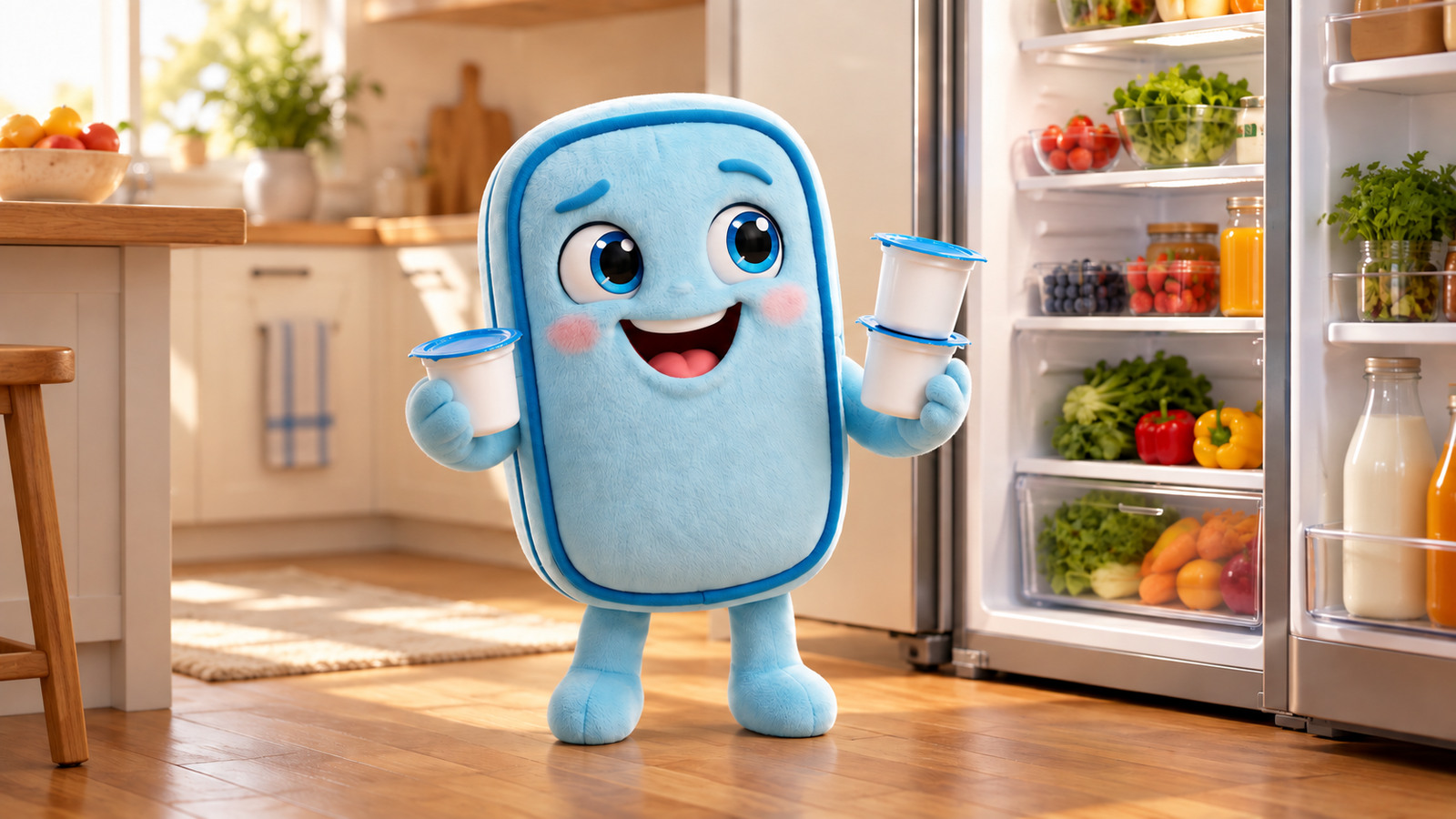 Freshy holding three identical yoghurt pots in front of an open fridge.