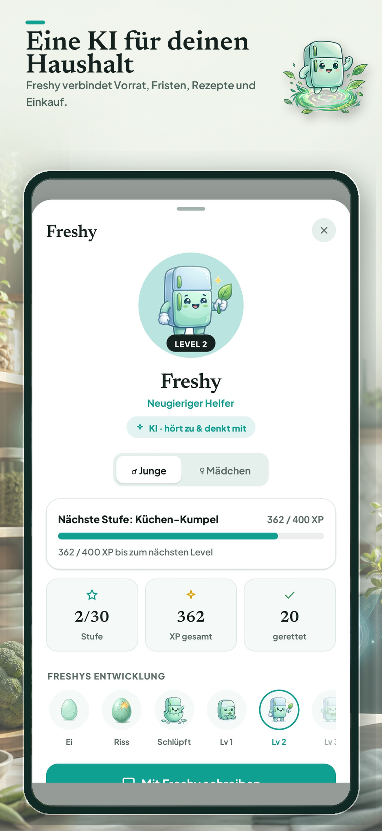 Freshy profile showing level and progress