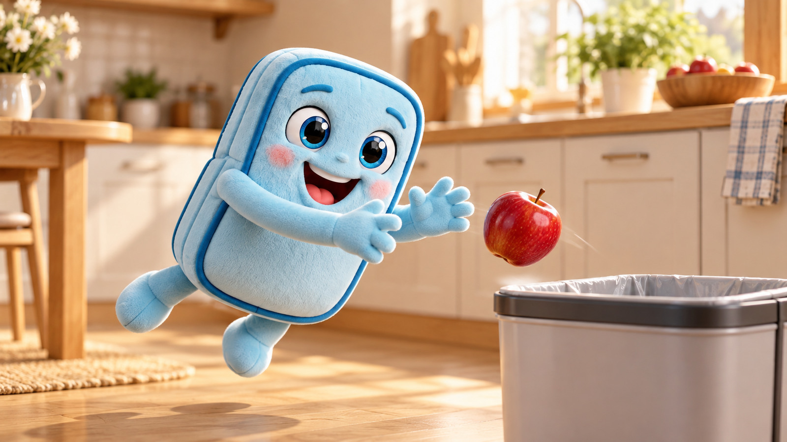Freshy catches an apple before it lands in a kitchen bin.