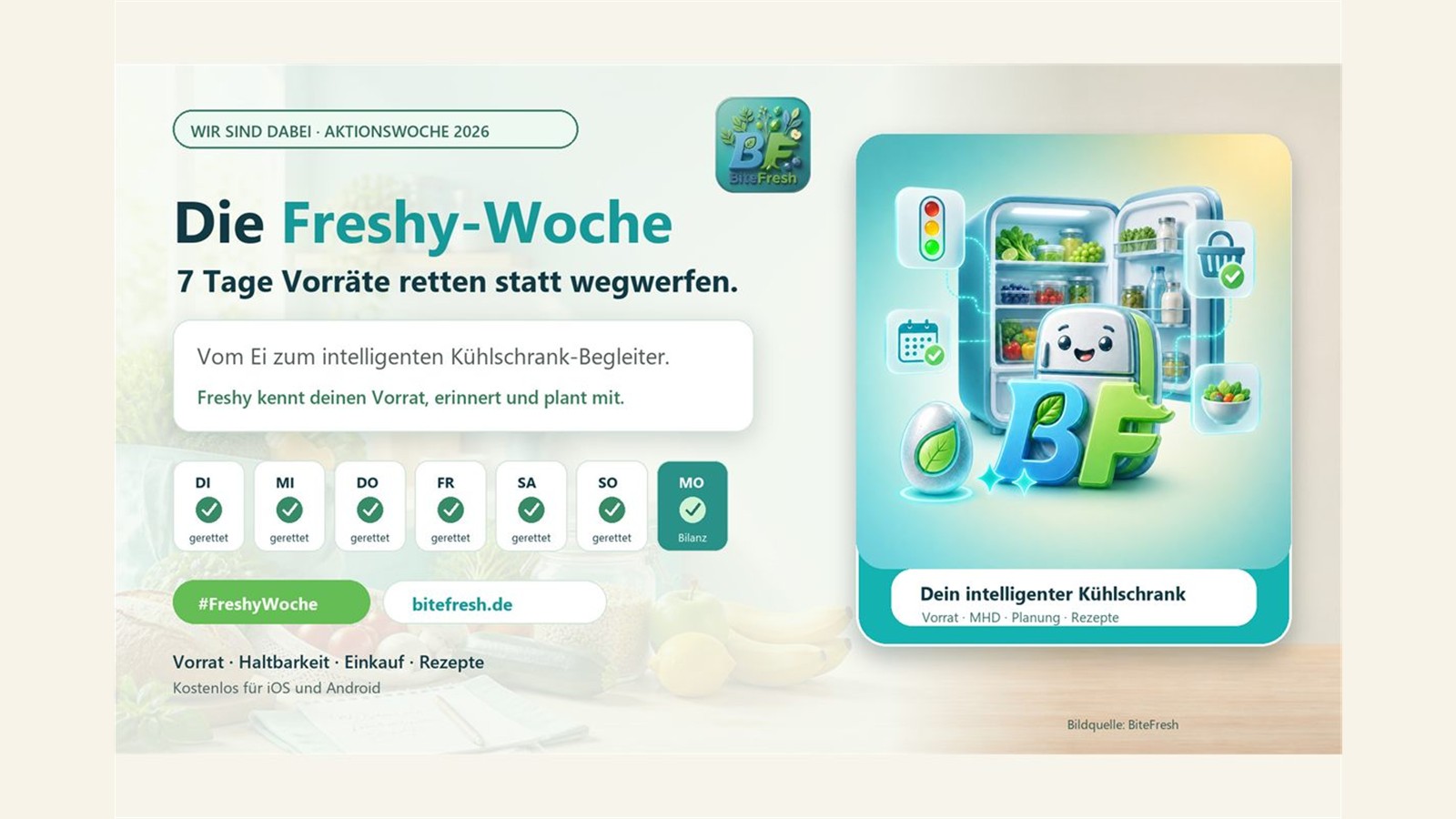 BiteFresh Freshy Week: Freshy beside a thoughtfully organised fridge and eight daily challenges