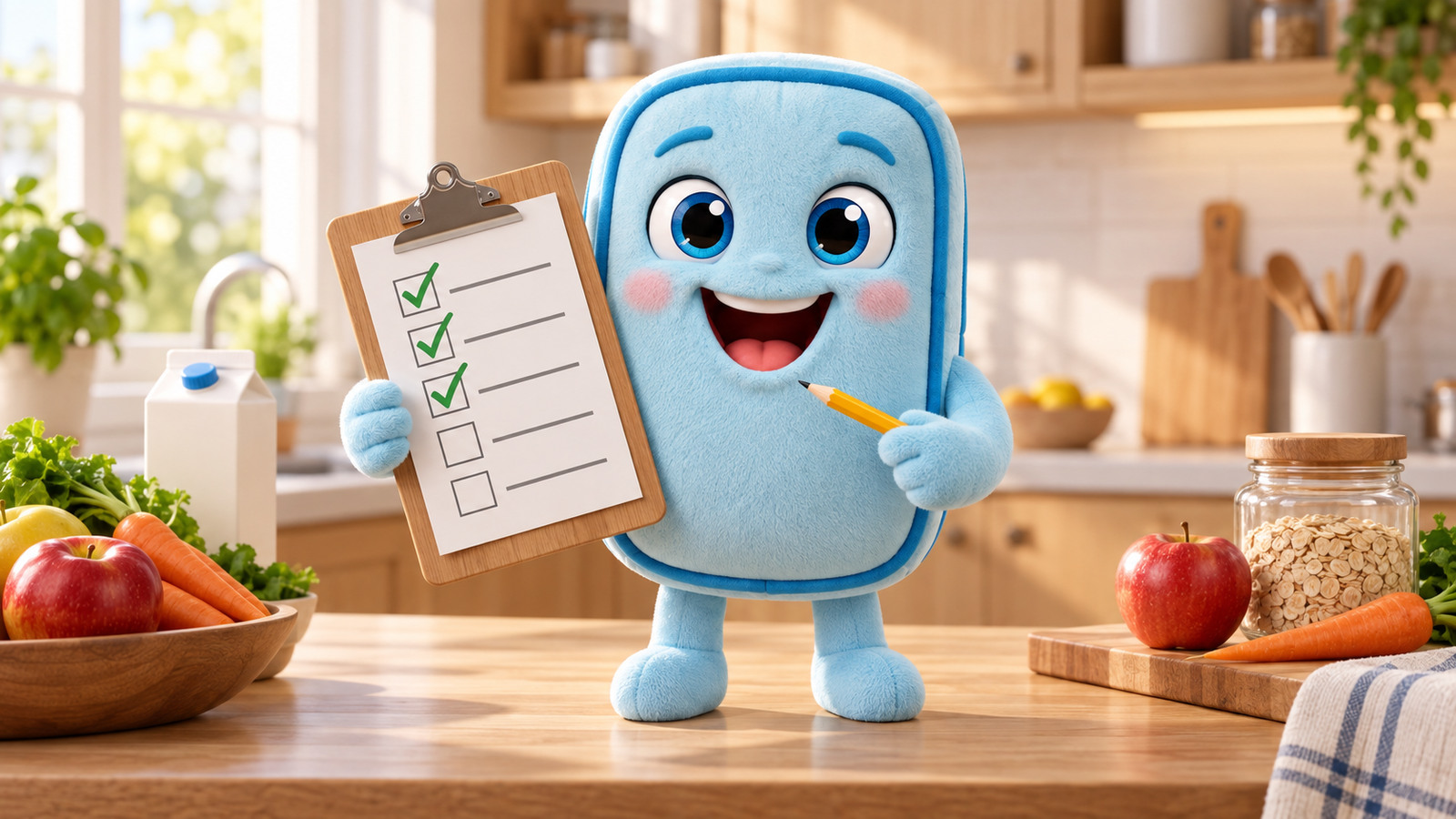 Freshy checks a list beside food already in stock.