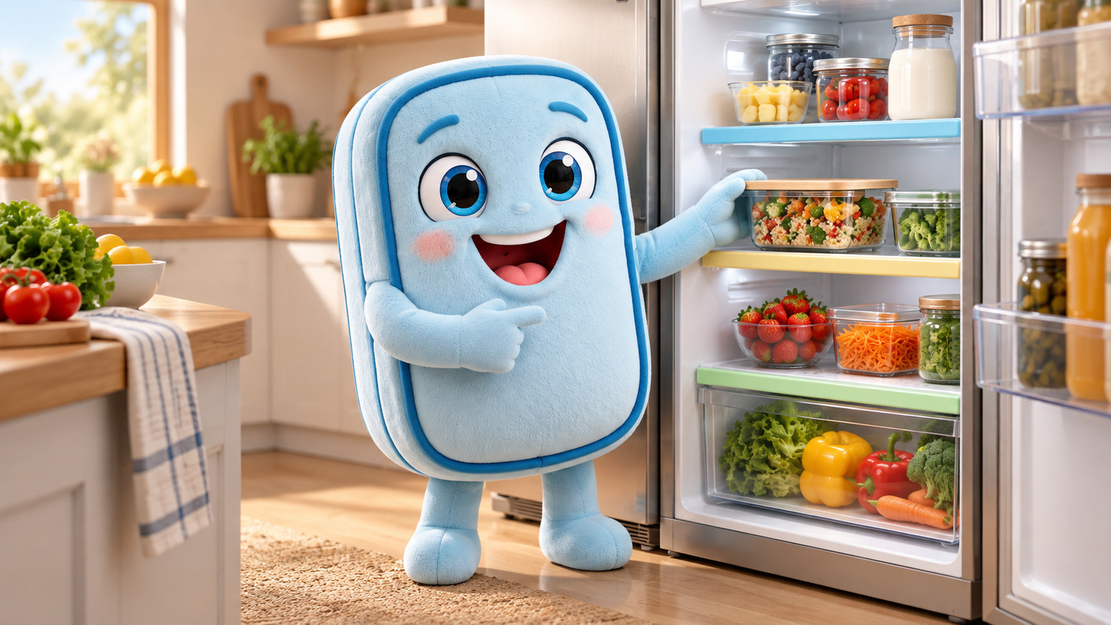 Freshy places food in the fridge’s differently coloured zones.
