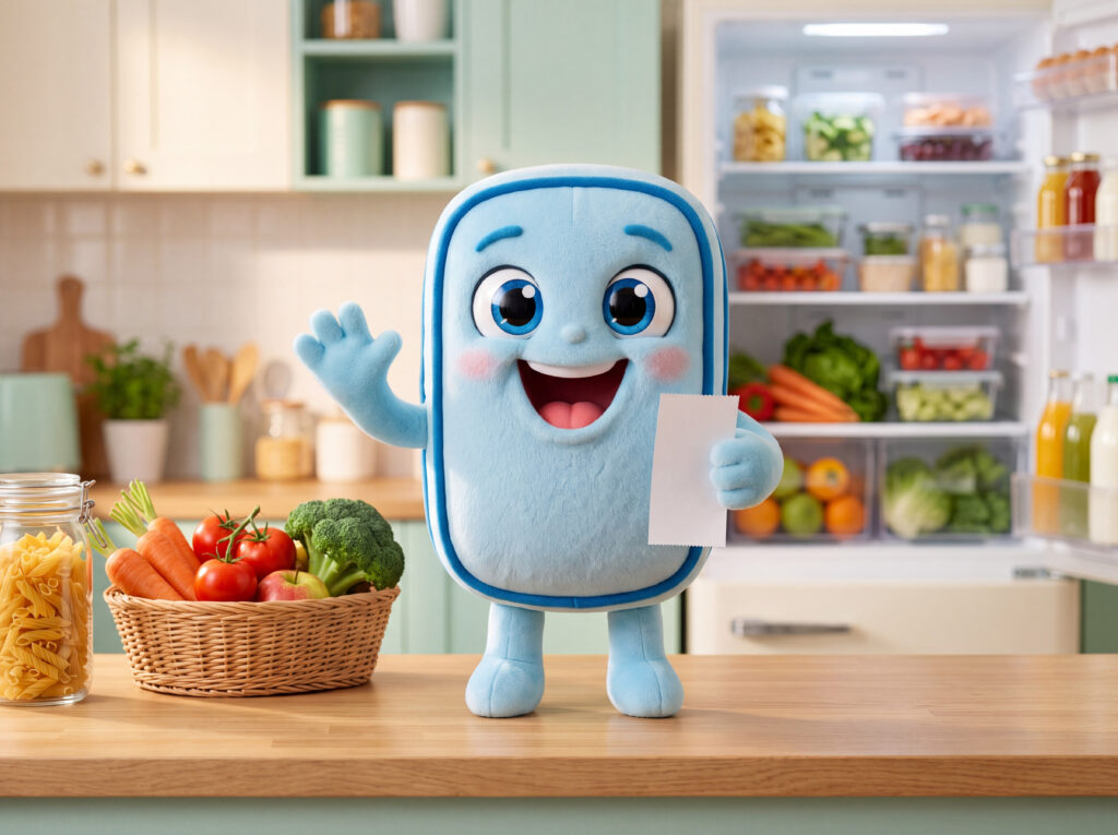 Freshy, the BiteFresh app mascot, waving in a kitchen beside fresh vegetables (AI-generated illustration)